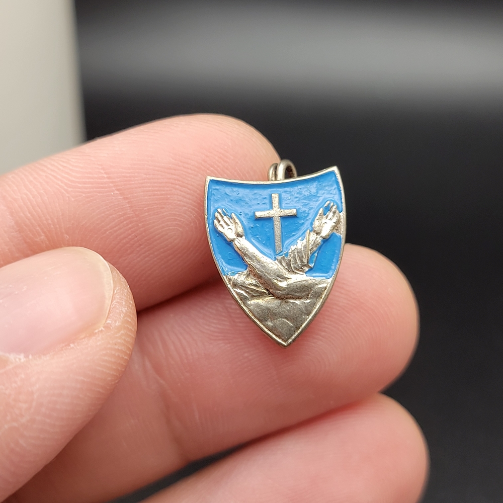 Vintage Franciscan Silver Shield Blue Enamel Religious Brooch Pin